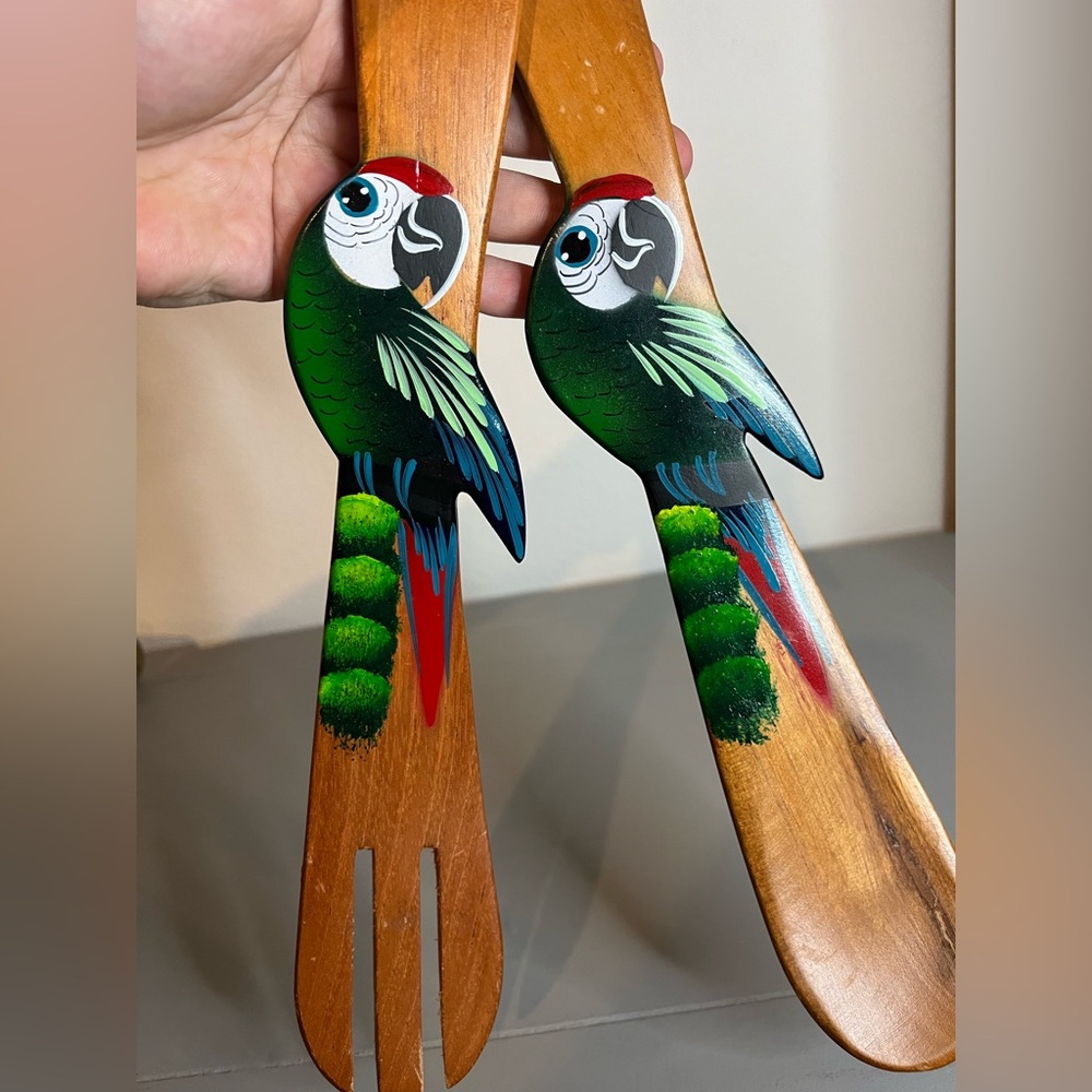 Costa Rica New Spoon Fork Wooden Set Handpainted Exotic Parrot Tropical Folk Art